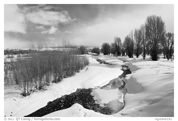 Snowscape with stream. Grand Teton National Park, Wyoming, USA.