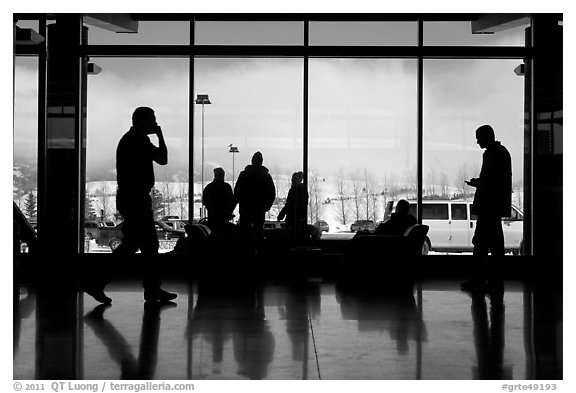 Looking out Jackson Hole Airport lobby. Grand Teton National Park, Wyoming, USA.