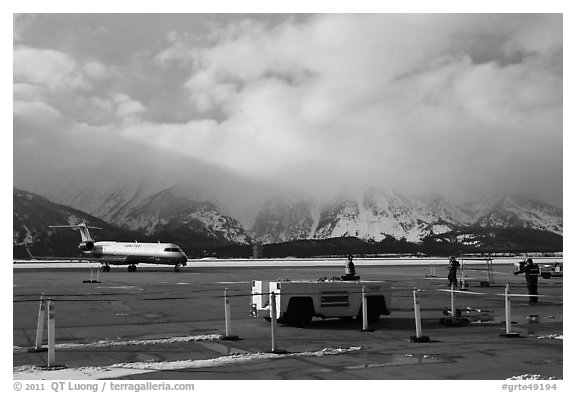 Jackson Hole Airport and cloud-capped Teton Range. Grand Teton National Park, Wyoming, USA.