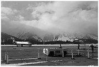 Jackson Hole Airport and cloud-capped Teton Range. Grand Teton National Park, Wyoming, USA. (black and white)