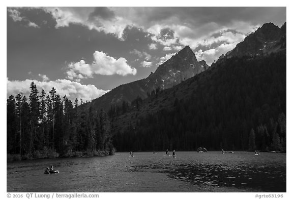 Water recreation, String Lake. Grand Teton National Park (black and white)