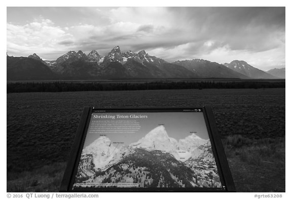 Shrinking Teton Glaciers interpretive sign. Grand Teton National Park (black and white)
