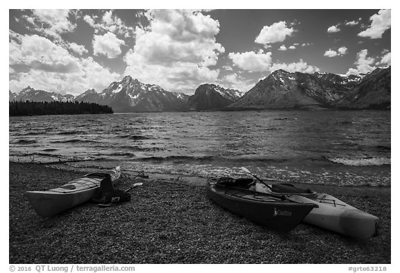 Kayaks on shores of Jackson Lake. Grand Teton National Park (black and white)