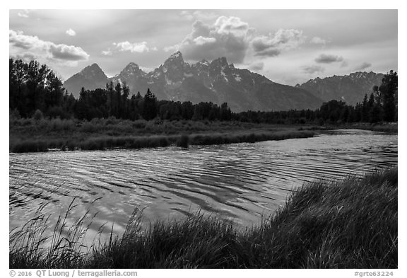 Teton Range in summer from Schwabacher Landing, afternoon. Grand Teton National Park (black and white)