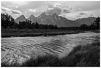 Teton Range in summer from Schwabacher Landing, afternoon. Grand Teton National Park ( black and white)