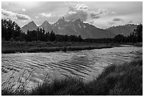 Teton Range in summer from Schwabacher Landing, afternoon. Grand Teton National Park ( black and white)