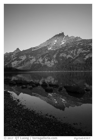 Tetons reflected in Jenny Lake, sunrise. Grand Teton National Park (black and white)