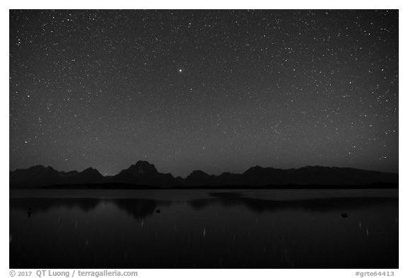 Stars and Mt Moran reflected in Jackson Lake. Grand Teton National Park (black and white)