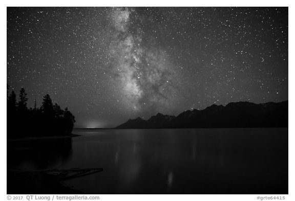 Milky Way and Teton Range above Jackson Lake. Grand Teton National Park (black and white)