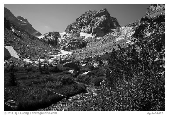 Stream, meadows, and Middle Teton. Grand Teton National Park (black and white)