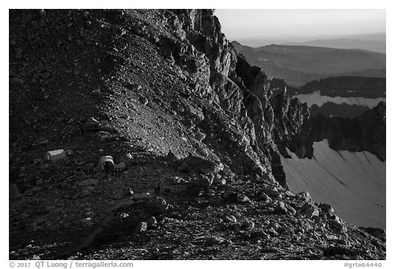 Huts and helicopter at Lower Saddle. Grand Teton National Park (black and white)