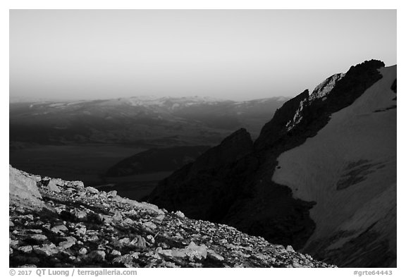 Looking east from Lower Saddle at sunset. Grand Teton National Park (black and white)