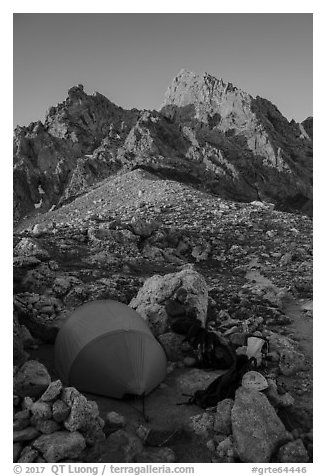 Camp at Lower Saddle and Grand Teton at sunset. Grand Teton National Park (black and white)