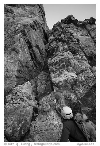 Climbers start Exum Direct route on Grand Teton. Grand Teton National Park (black and white)