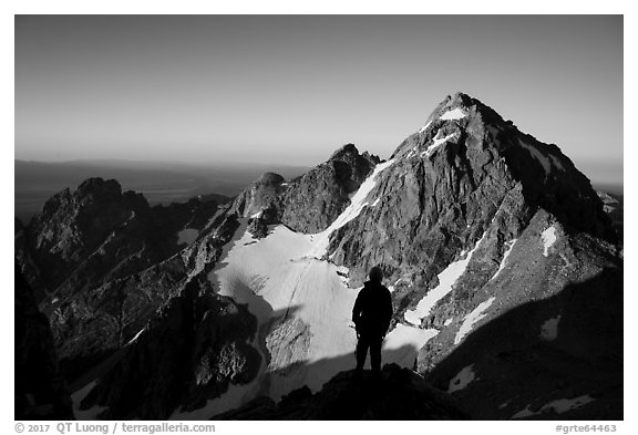Mountaineer sihouette in front of Middle Teton. Grand Teton National Park (black and white)
