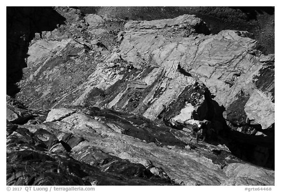 Climbers ascend steep wall on Grand Teton's direct Exum route. Grand Teton National Park (black and white)