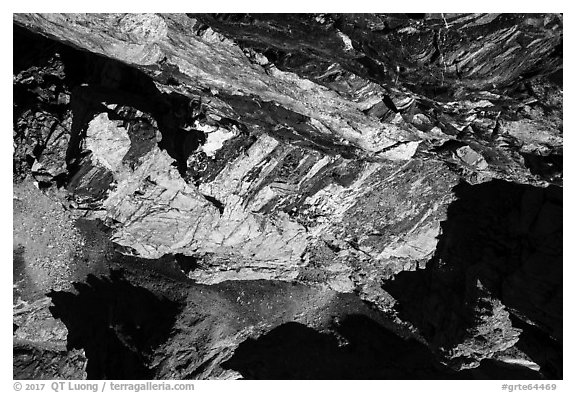 Looking down rock wall with climbers on Grand Teton. Grand Teton National Park (black and white)