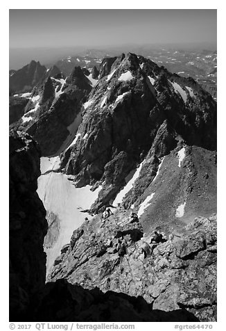 Climbers on Upper Exum Ridge, Grand Teton. Grand Teton National Park (black and white)
