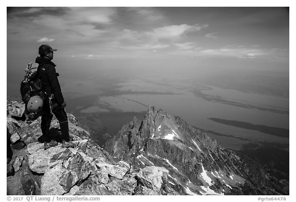 Climber looking from summit of Grand Teton. Grand Teton National Park (black and white)