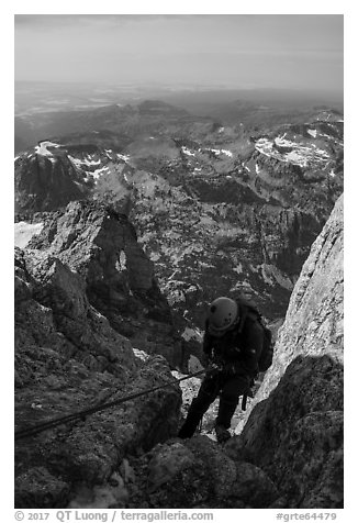Climber rappels down Sargeant's Chimney on Grand Teton. Grand Teton National Park (black and white)
