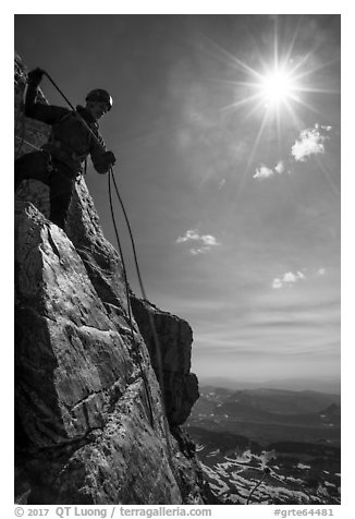 Climber preparing for rappel on Grand Teton. Grand Teton National Park (black and white)