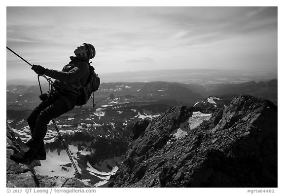 Climber rappelling on Grand Teton. Grand Teton National Park (black and white)