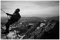 Climber rappelling on Grand Teton. Grand Teton National Park ( black and white)