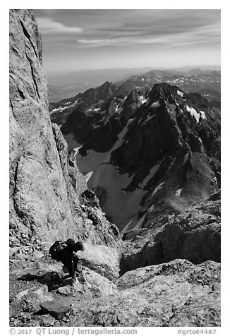 Descending Grand Teton towards Lower Saddle. Grand Teton National Park (black and white)