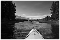 Kayak pointing at narrow channel, Colter Bay. Grand Teton National Park ( black and white)
