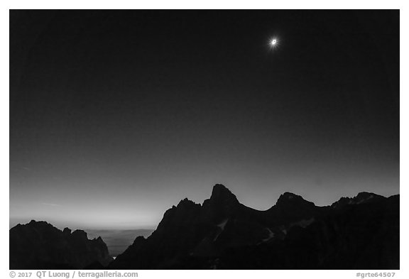 Solar eclipse above the Tetons, begining of totality. Grand Teton National Park (black and white)