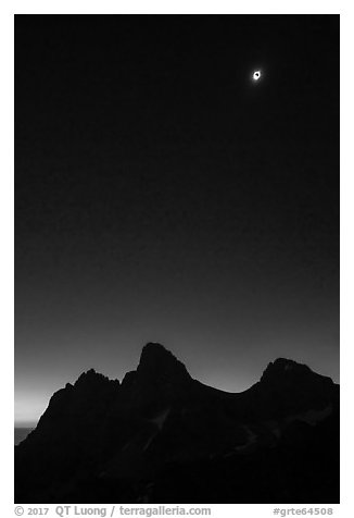 Solar eclipse above the Tetons, diamong ring. Grand Teton National Park (black and white)