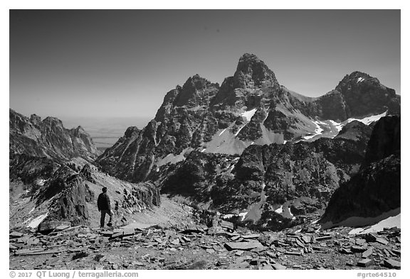 Visitor looking, Tetons from near Table Mountain. Grand Teton National Park (black and white)