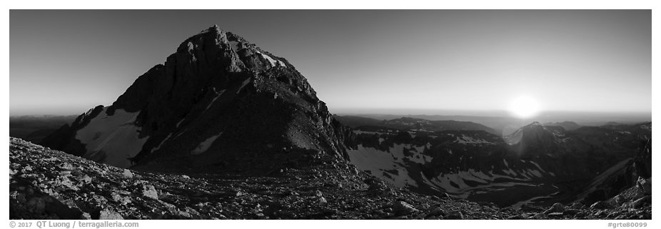 Middle Teton and sun setting from Lower Saddle. Grand Teton National Park (black and white)