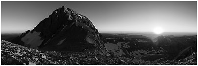 Middle Teton and sun setting from Lower Saddle. Grand Teton National Park (Panoramic black and white)