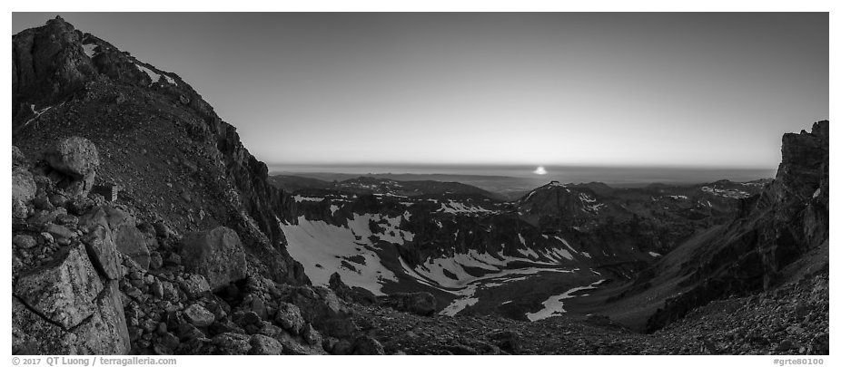 View from from Lower Saddle with Middle Teton and sun setting. Grand Teton National Park (black and white)