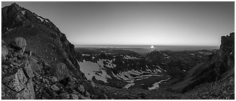 View from from Lower Saddle with Middle Teton and sun setting. Grand Teton National Park (Panoramic black and white)