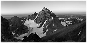 Middle Teton and Lower Saddle from Grand Teton at sunrise. Grand Teton National Park (Panoramic black and white)