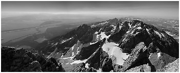 Jackson Hole and Tetons from Grand Teton. Grand Teton National Park (Panoramic black and white)