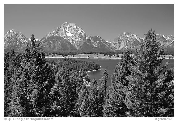 Teton range and Jackson Lake seen from Signal Mountain. Grand Teton National Park (black and white)