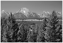 Teton range and Jackson Lake seen from Signal Mountain. Grand Teton National Park, Wyoming, USA. (black and white)