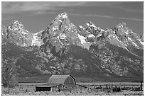 Moulton Barn and Grand Tetons, morning. Grand Teton National Park ( black and white)