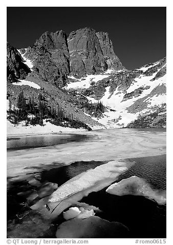 Ice break-up in Emerald Lake and Hallet Peak, early summer. Rocky Mountain National Park (black and white)