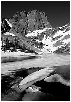 Ice break-up in Emerald Lake and Hallet Peak, early summer. Rocky Mountain National Park, Colorado, USA. (black and white)