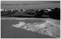 Neve near Rock Cut and Never Summer range in early summer at sunset. Rocky Mountain National Park, Colorado, USA. (black and white)