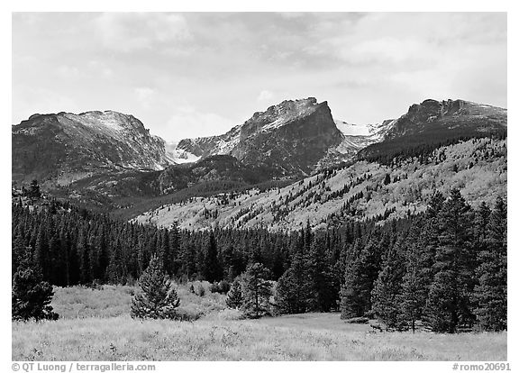 Hallett Peak and Flattop Mountain in autumn. Rocky Mountain National Park (black and white)