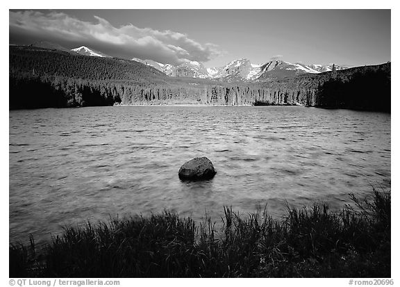 Rippled water in Sprague Lake, and snowy mountain range. Rocky Mountain National Park (black and white)