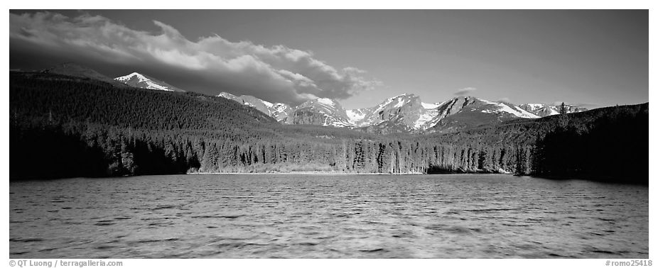 Lake with waves and mountains. Rocky Mountain National Park (black and white)