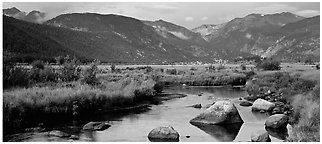 Stream and meadows in autumn. Rocky Mountain National Park (Panoramic black and white)