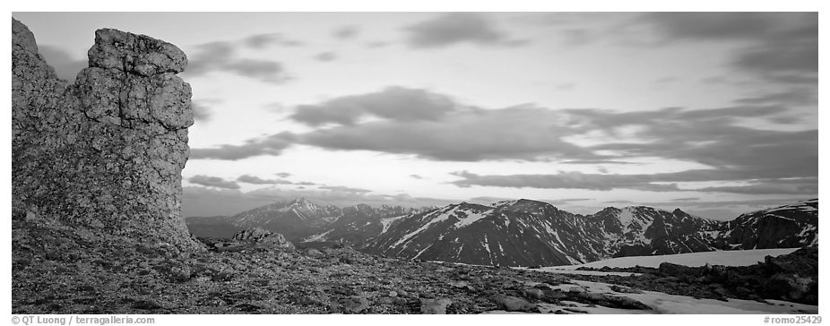 Rock near Toll Memorial at sunset. Rocky Mountain National Park (black and white)