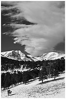 Mummy range and cloud in winter. Rocky Mountain National Park, Colorado, USA. (black and white)